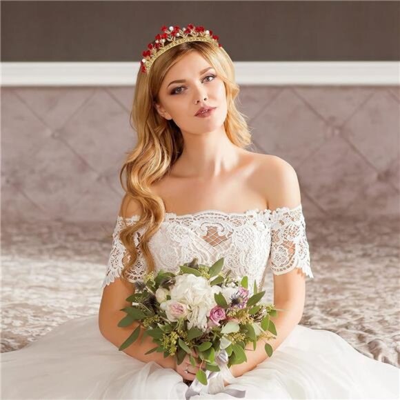 Red Rose Bridal Tiara Bride Headdress Alloy Rhinestone Wedding Crown for Prom,